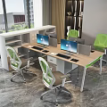Modern Office Desk With Multiple Workstations Computer Monitors Green Chairs And White Shelves 3d model
