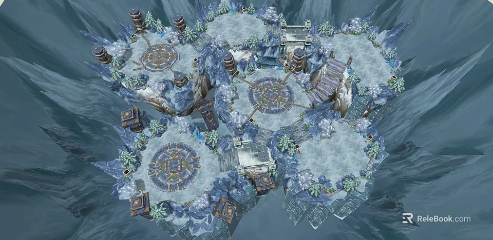Snowy Landscape With Ice Towers Circular Platforms And Frosty Trees 3d model 