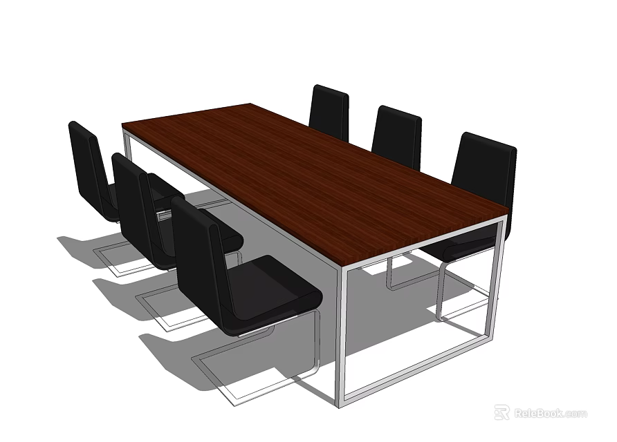 Modern Rectangular Wooden Conference Table With Metal Frame And Black Chairs 3d model