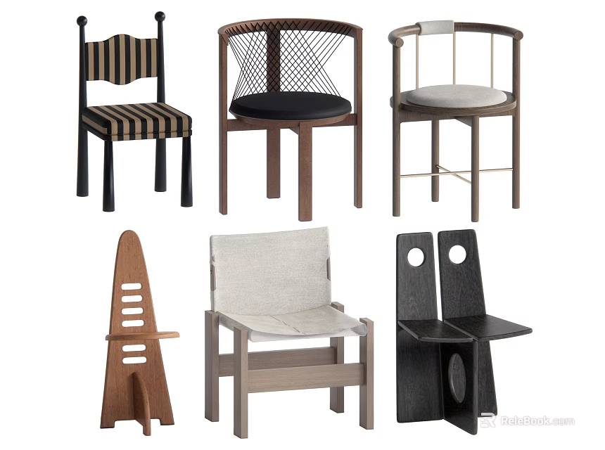 Stylish Leisure Chairs with Various Modern Designs Wooden Frames Striped Mesh Upholstery and Unique Styles 3d model 