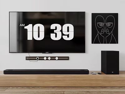 Modern Wall Mounted TV Displaying 1039 AM Time With Decorative Art And Soundbar System 3d model