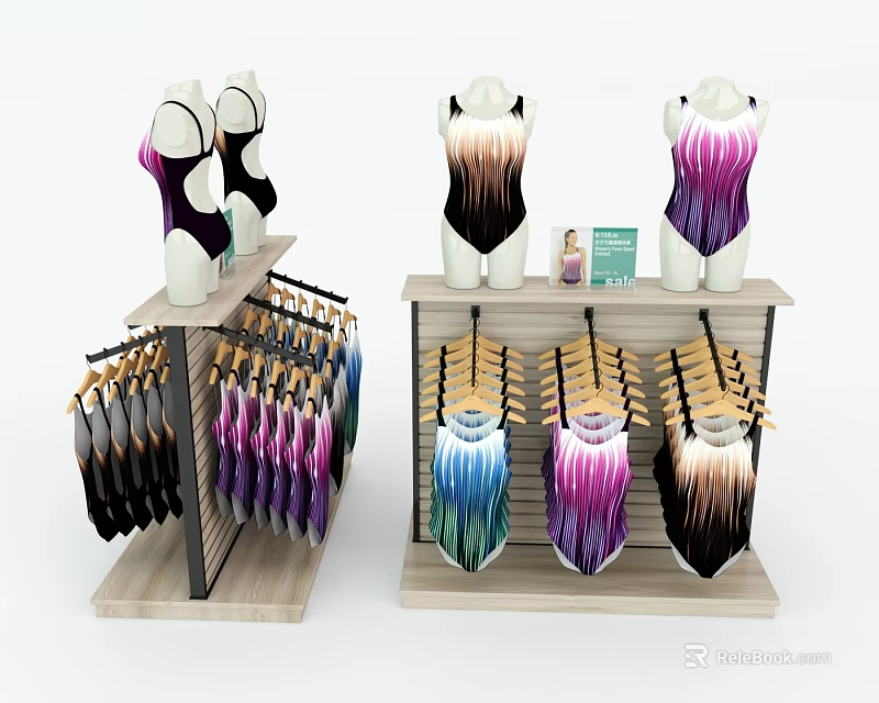Display Shelves Featuring Mannequins With Swimsuits And Hanging Clothes In Various Colors 3d model 