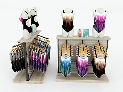 Display Shelves Featuring Mannequins With Swimsuits And Hanging Clothes In Various Colors 3d model