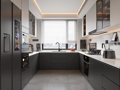 Modern Kitchen Interior With Dark Cabinets White Countertops Appliances Window Blinds And Recessed Lighting 3d model