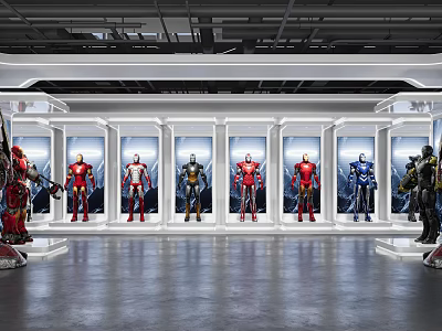 Modern Exhibition Hall Showcasing Iron Man Armor Models In Display Cases With Lighting 3d model