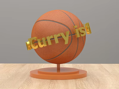Decorative Ornament Set with Orange Basketball and Stand Golden Curry is Text on Wooden Tabletop 3d model