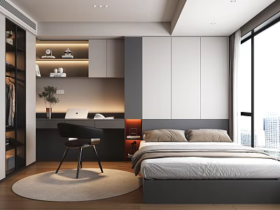 Modern Tatami Bedroom Interior With Bed Desk Black Chair Wardrobe And Large Window City View 3d model