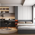 Modern Tatami Bedroom Interior With Bed Desk Black Chair Wardrobe And Large Window City View