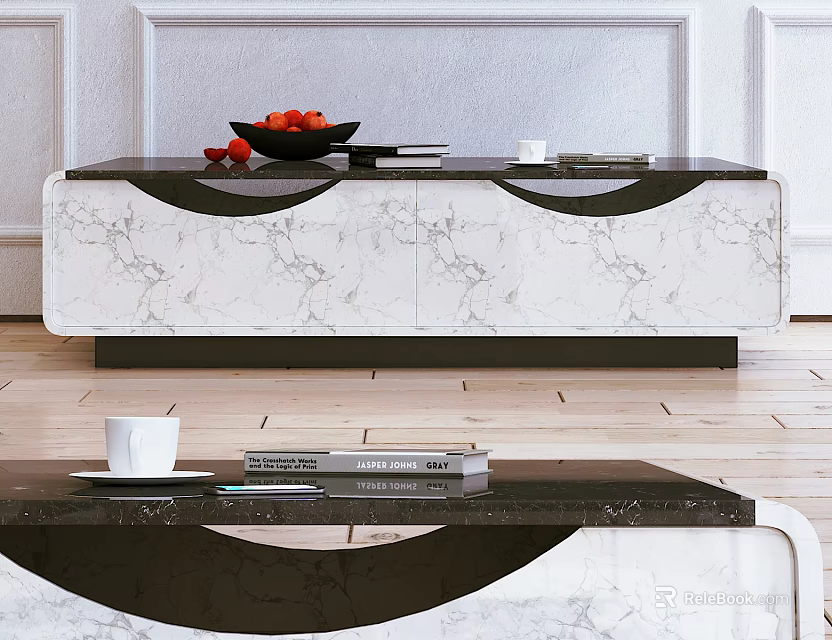 Elegant Modern TV Stand With White Black Marble Finish And Decorative Items 3d model 