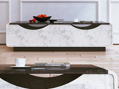 Elegant Modern TV Stand With White Black Marble Finish And Decorative Items 3d model