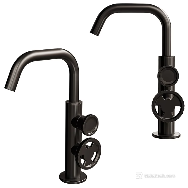 Modern Black Kitchen Faucet With Gear Shaped Handles And Curved Spout 3d model 