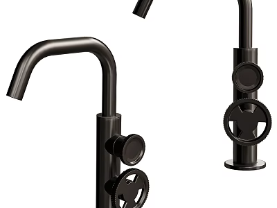 Modern Black Kitchen Faucet With Gear Shaped Handles And Curved Spout 3d model