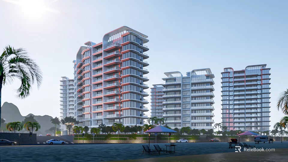 Modern Tall Residential Buildings With Lush Greenery Outdoor Seating And Parking Lot 3d model 