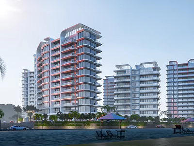 Modern Tall Residential Buildings With Lush Greenery Outdoor Seating And Parking Lot 3d model