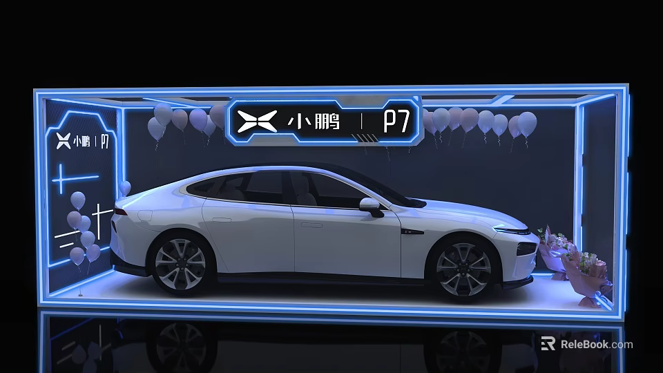 White XPeng P7 Electric Sedan Display With Neon Lights And Balloons 3d model 