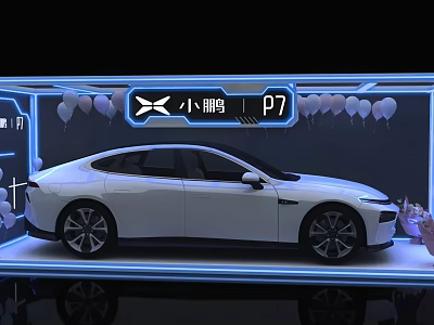 White XPeng P7 Electric Sedan Display With Neon Lights And Balloons 3d model