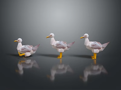 Three White and Gray Seagulls Standing with Yellow Beaks and Feet on Smooth Surface with Reflections 3d model