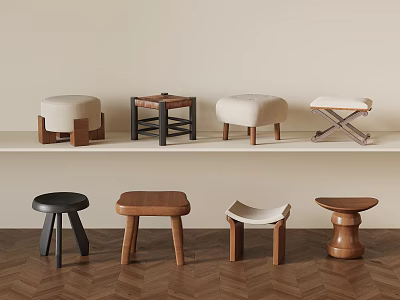 Stylish Stools With Various Designs Displayed On Shelves And Herringbone Wooden Floor 3d model