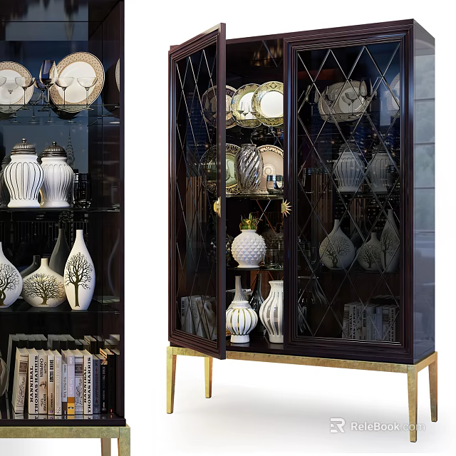 Stylish Display Cabinet With Glass Doors Porcelain Vases Plates And Gold Legs 3d model 