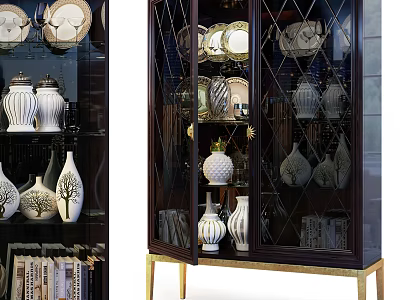 Stylish Display Cabinet With Glass Doors Porcelain Vases Plates And Gold Legs 3d model