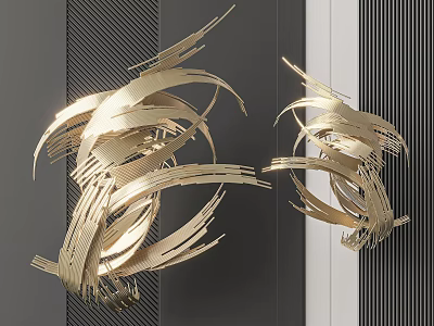Golden Abstract Metallic Wall Decor With Curved Lines On Grey White Striped Wall 3d model