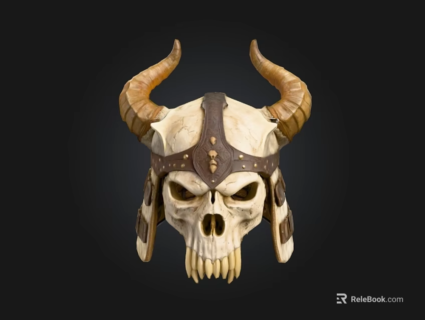 Horned Skull Helmet With Intricate Bone Design And Decorative Straps 3d model 