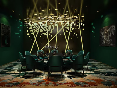 Elegant Private Room With Dark Green Walls Gold Geometric Ceiling And Round Dining Table 3d model