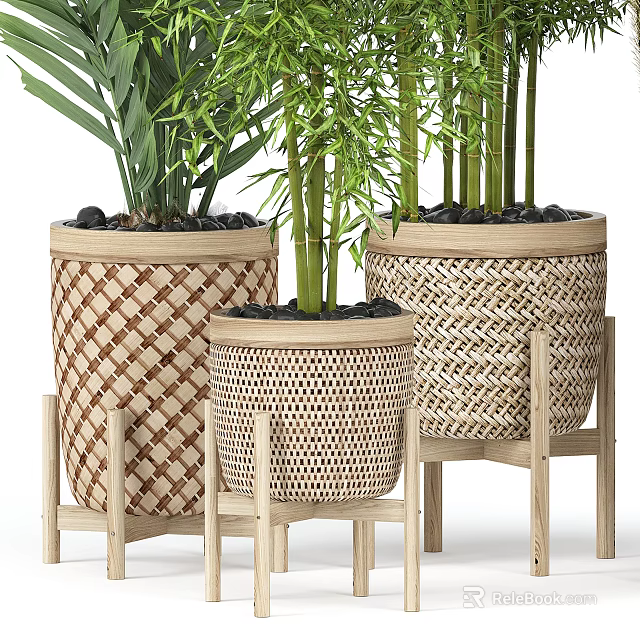 Bonsai Potted Plants In Woven Planters With Wooden Stands And Various Patterns 3d model 