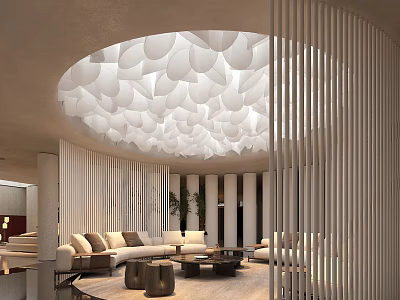 Modern Sales Office Interior With Elegant Lounge Furniture And Decorative Ceiling Design 3d model