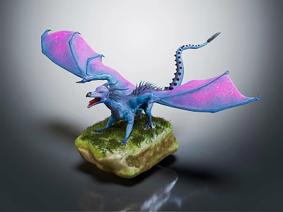 Detailed Blue Dragon Figurine With Purple Wings And Green Grass Base 3d model