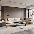 Modern Living Room With Beige L Shaped Sofa Gray Armchair And Marble Accent Wall