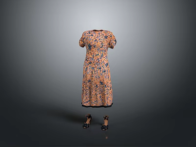 Floral Patterned Midi Dress With Short Sleeves And High Heel Shoes 3d model