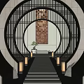 Elevator Hallway With Circular Black Striped Screen Yellow Lanterns Chinese Decorative Painting And Green Plants
