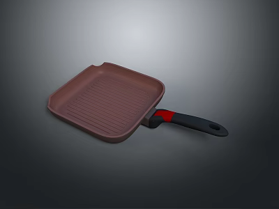 Durable Square Grill Pan with Red and Black Heat Resistant Handle for Home Kitchen Cooking 3d model