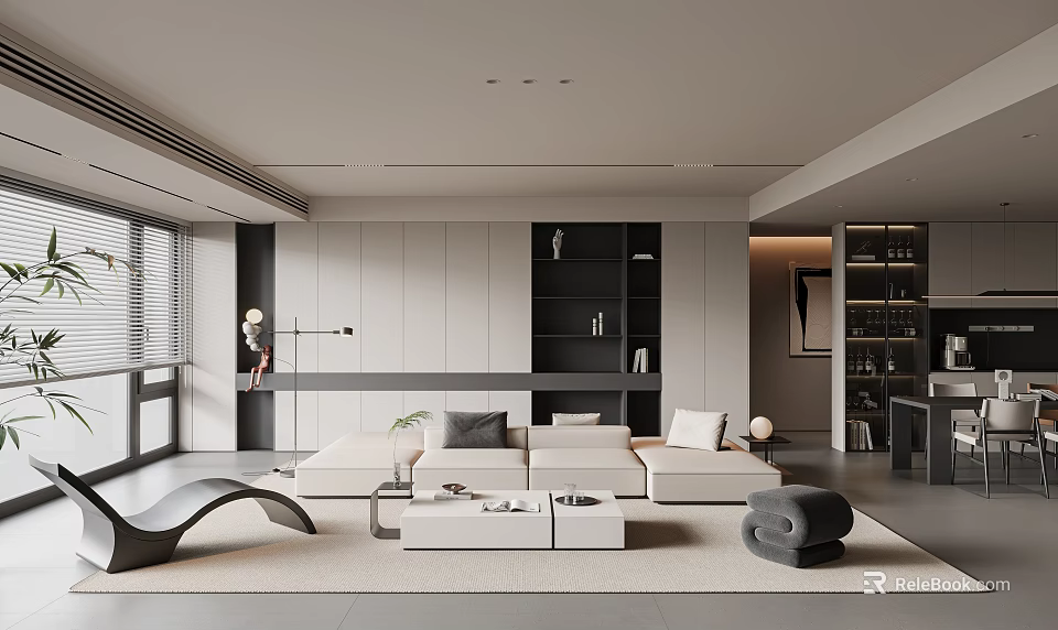 Modern Living Dining Room Interior Design With Sofa Coffee Table And Floor To Ceiling Windows 3d model 