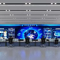 Advanced Monitoring Control Room With Large Blue Screens Control Desks And Data Displays
