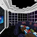 Modern KTV Lounge Interior Design With Dark Sofas Coffee Tables TV Screen And Decorative Walls