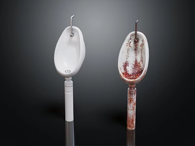 Two White Urinals Showing Clean and Stained Surfaces Against Black Background 3d model