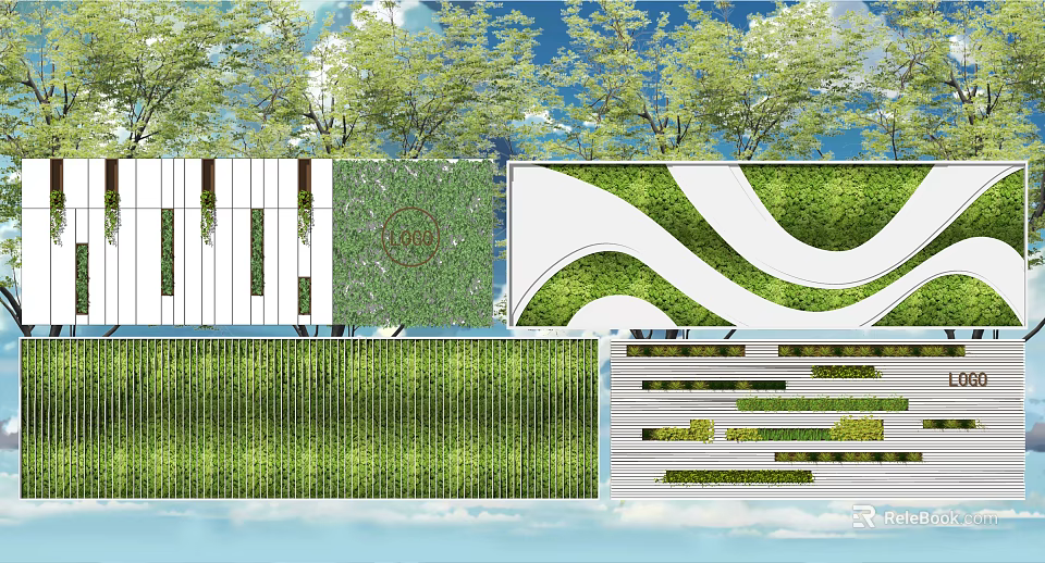 Modern Living Plant Wall With Geometric Patterns Wavy Lines And Outdoor Green Design 3d model 