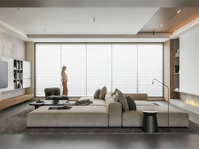 Modern Minimalist Living Room Interior With Large Sectional Sofa And Bright Floor To Ceiling Windows 3d model