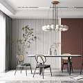 Elegant Modern Dining Table Set With Four Chairs Pendant Light And Striped Wall 3d model