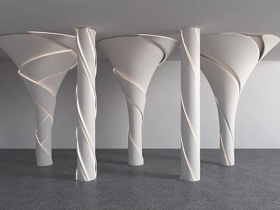 Stylish White Spiral Columns With Modern Lighting In Interior Design Space 3d model