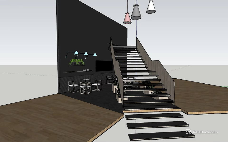 Modern Staircase Design With Wooden Steps Hanging Lights And Bar Seating 3d model 