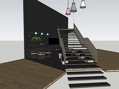 Modern Staircase Design With Wooden Steps Hanging Lights And Bar Seating 3d model