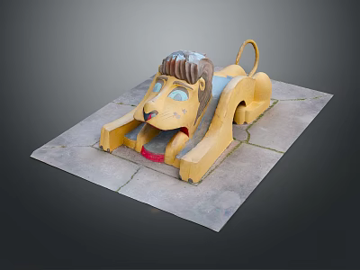 Yellow Lion Shaped Playground Slide With Brown Mane And Red Section On Stone Slab 3d model