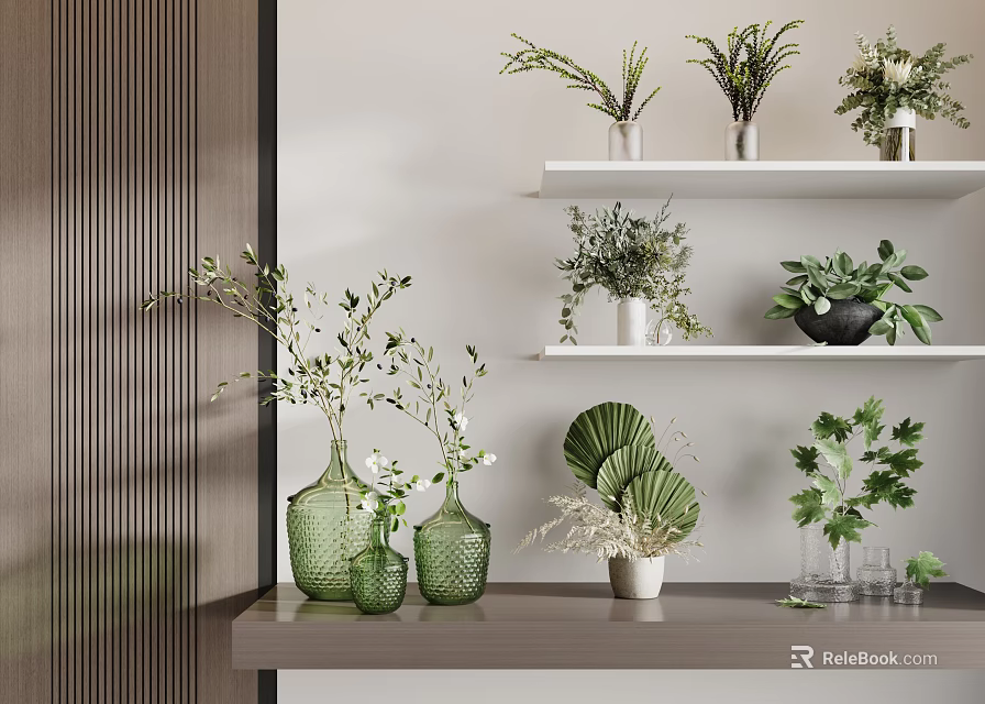 Green Vases With Fresh Flowers And Potted Plants On Shelves And Table 3d model 