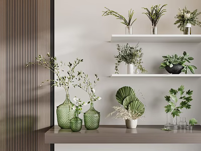 Green Vases With Fresh Flowers And Potted Plants On Shelves And Table 3d model