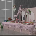 Tea Break Area With Various Desserts Fresh Fruits Sushi Pink Decor And Cartoon Figure
