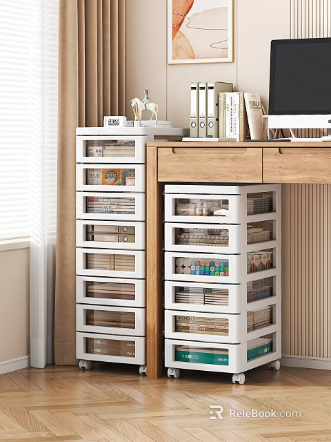 White MultiDrawer Storage Cabinets With Wooden Desk Computer And Office Supplies For Organized Space 3d model 