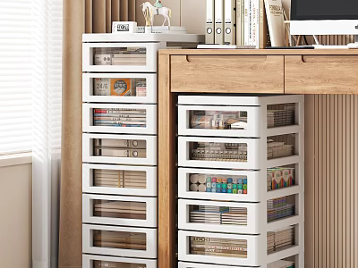 White MultiDrawer Storage Cabinets With Wooden Desk Computer And Office Supplies For Organized Space 3d model